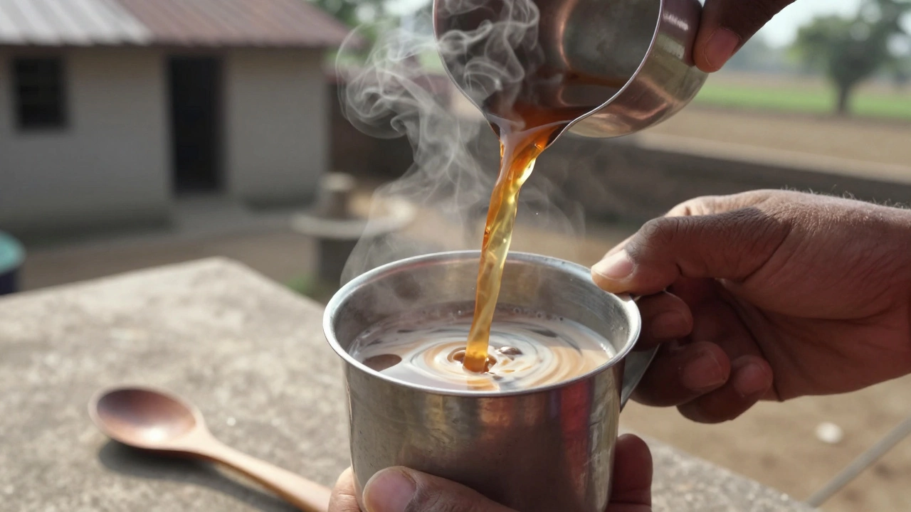 Close-up of tea being poured from a height into a steel tumbler, steam rising.