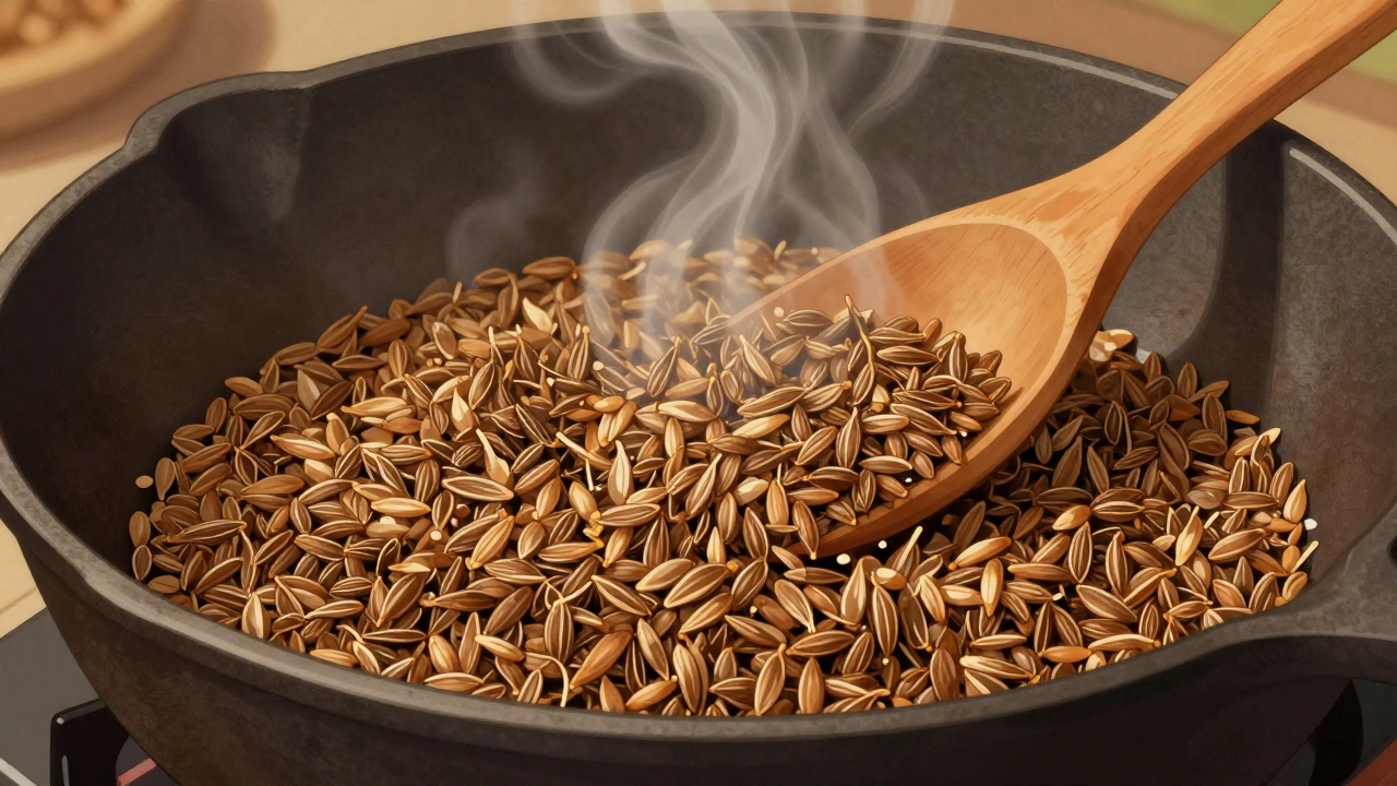 Cumin seeds sizzling in a pan, releasing aromatic smoke.