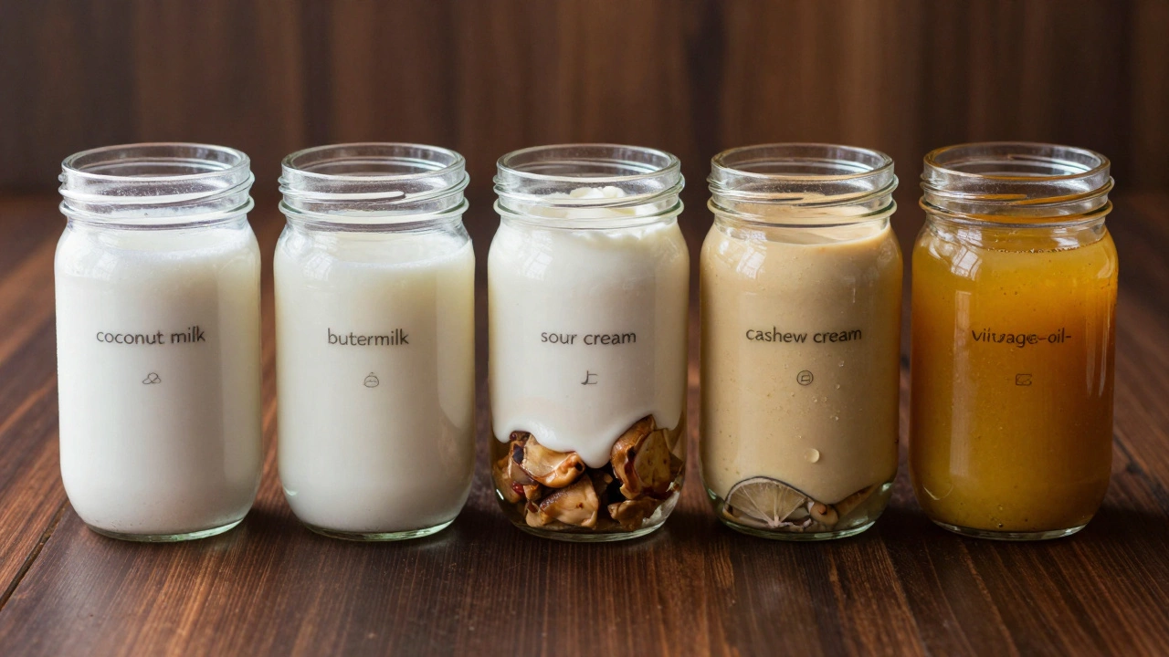 Five jars showing different tandoori marinade substitutes, each with chicken and spice symbols inside.