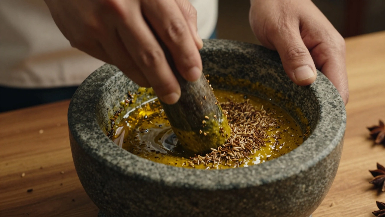 Hands grinding toasted spices in a stone mortar, oils glistening as they form a thick aromatic paste.
