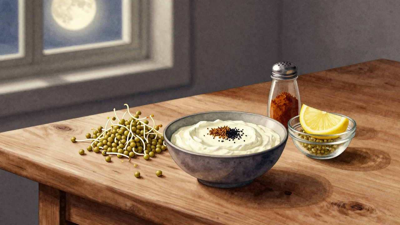 A bowl of plain curd with roasted cumin and black salt beside sprouted moong and lemon.