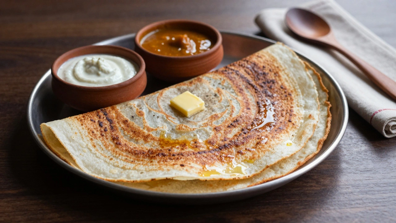 A healthy dosa served with chutney and sambar, cooked with minimal oil.