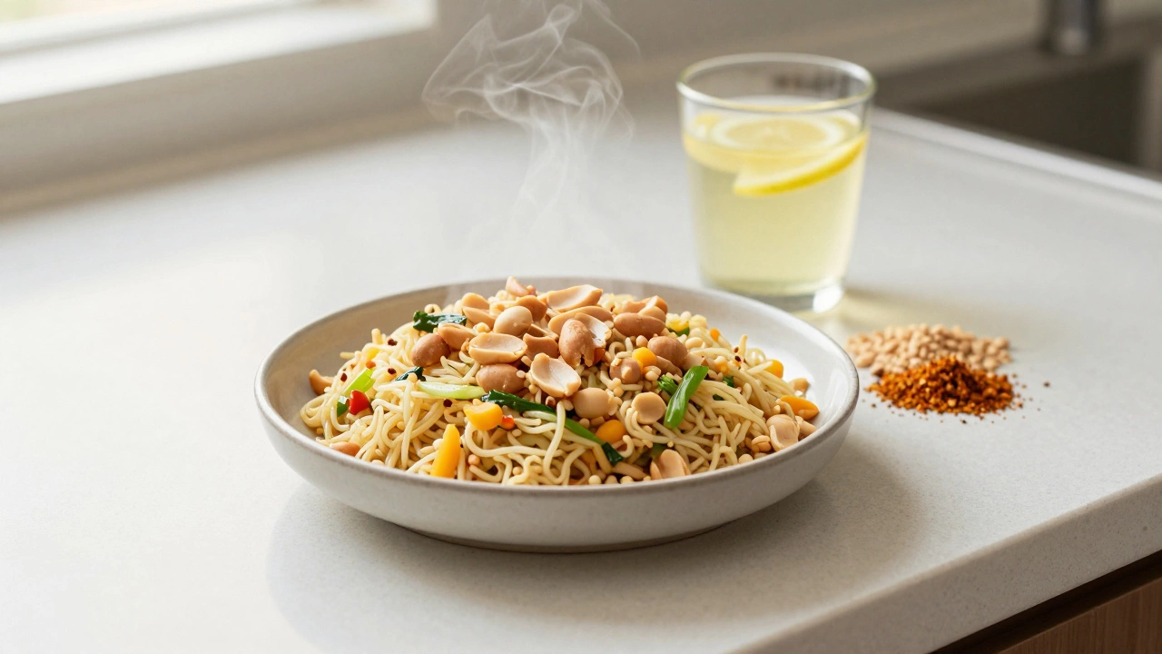 A small portion of low-oil vegetable upma with roasted peanuts and chaat masala on a countertop.