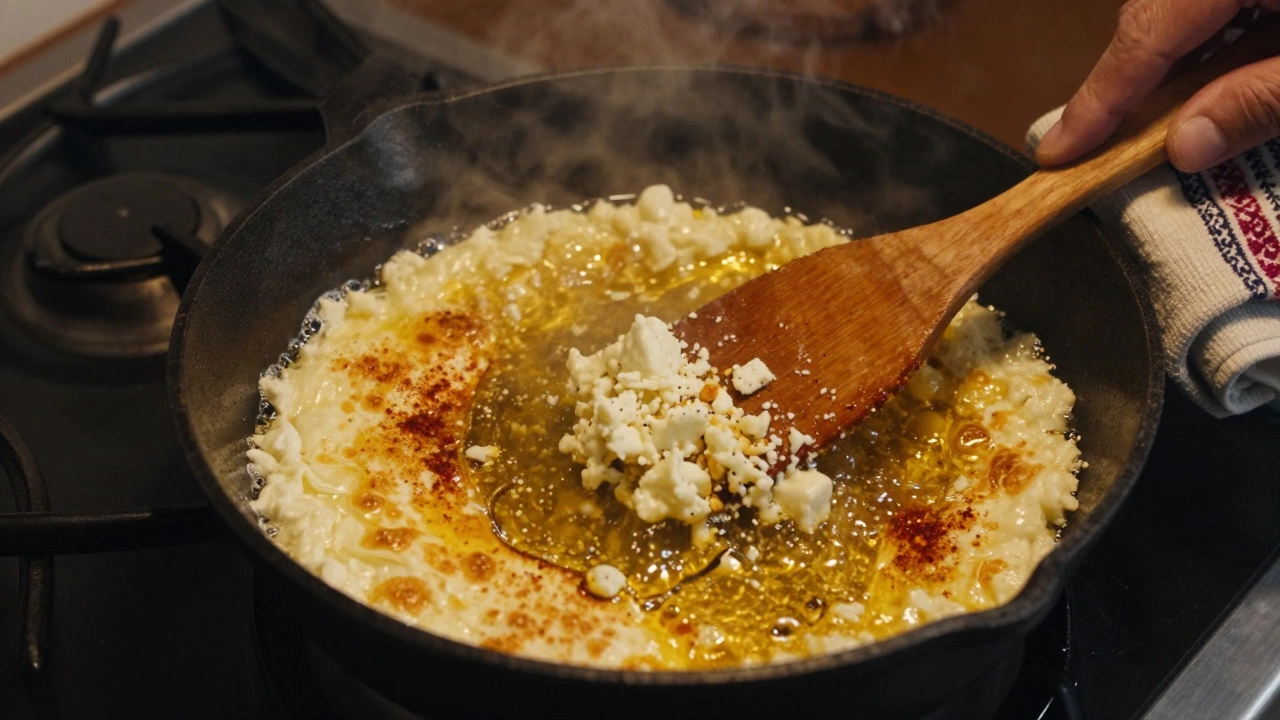 Cheesy curds being sauteed in spiced oil in a hot skillet.