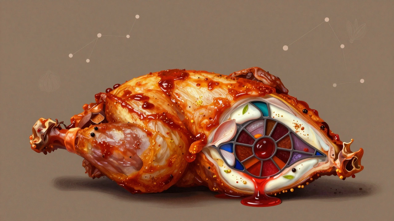 Cross-section of tandoori chicken showing deep red marinade infused into the meat.