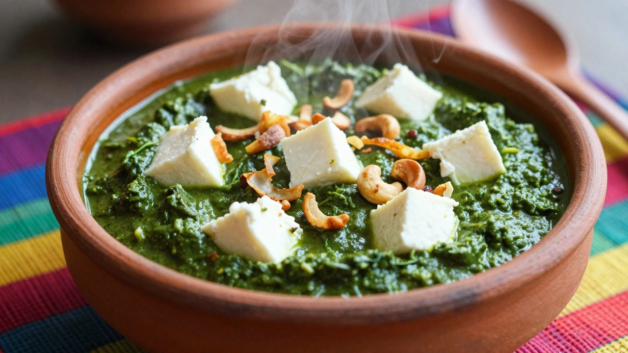 Green spinach curry with white cheese chunks in a clay bowl.