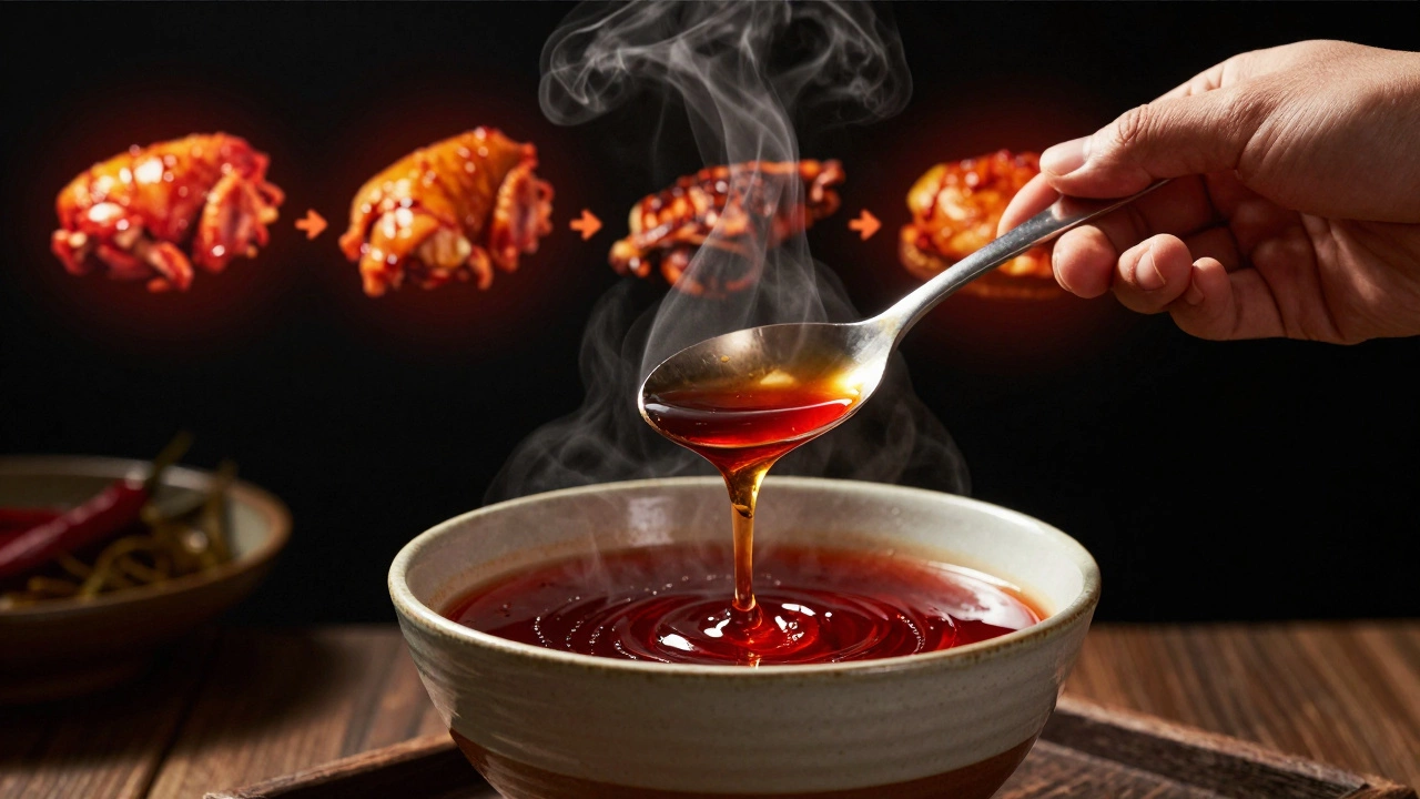 Hand scooping glossy red tandoori marinade with steam rising from the spoon.