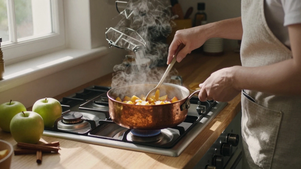 Home cook stirring simmering fruit mixture in a copper pot