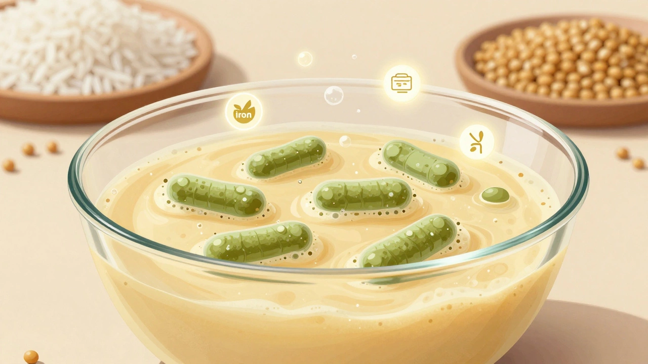 Microscopic view of lactic acid bacteria breaking down starches in fermented dosa batter.