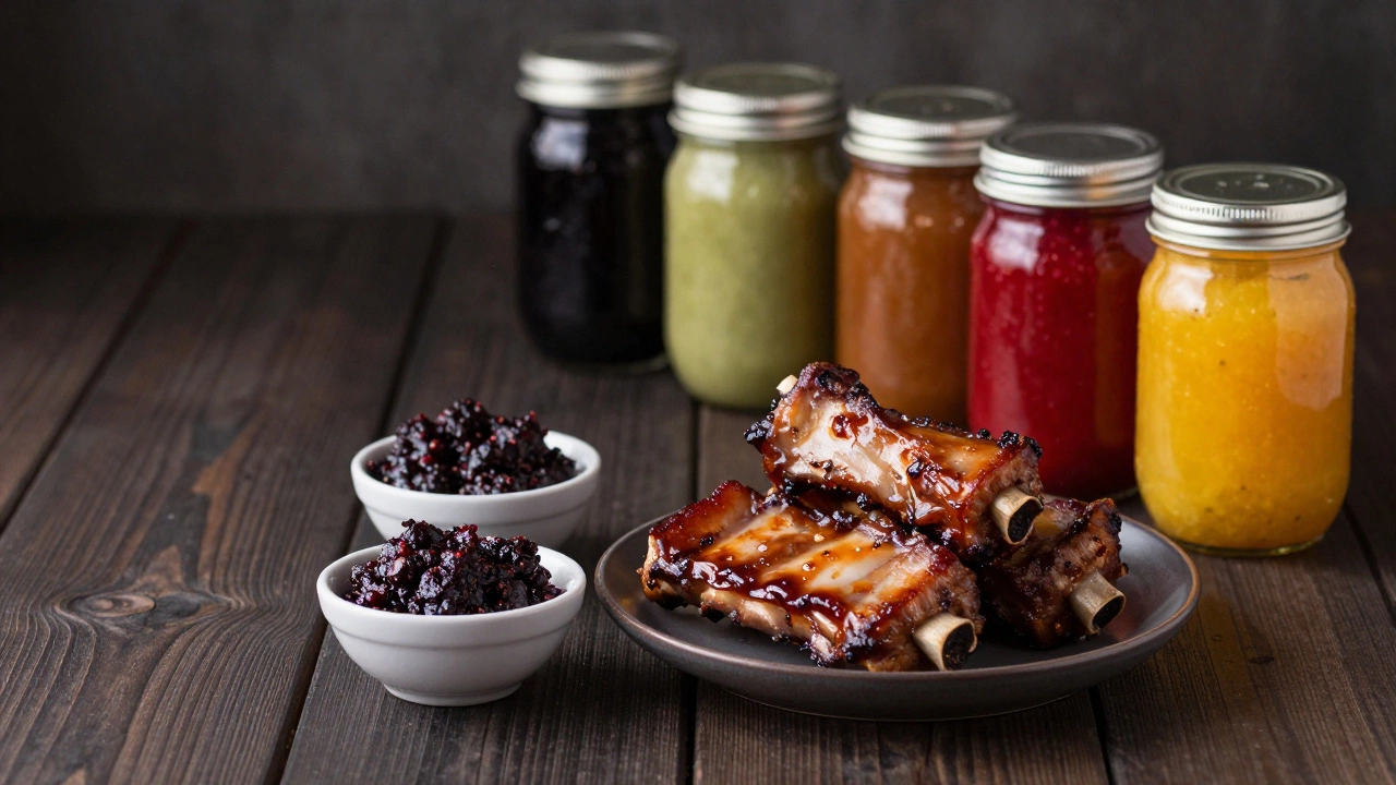 Rustic wooden table with grilled meat and side of homemade chutney