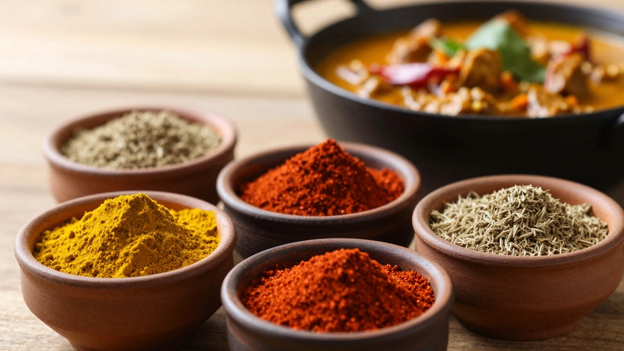 Small bowls of ground spices next to a finished curry dish.