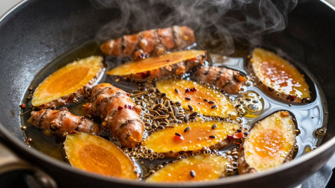 Whole spices sizzling and blooming in hot oil in a pan.