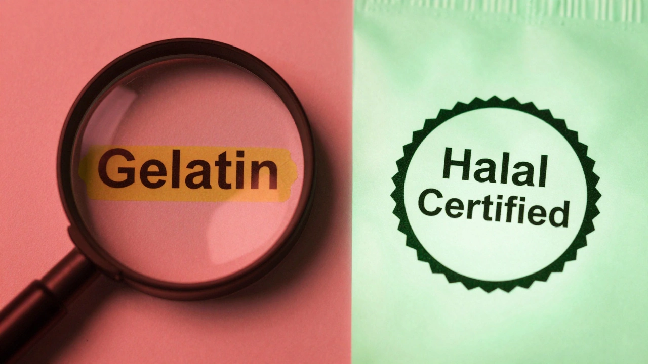 A magnifying glass focusing on a gelatin label next to a green halal certification seal