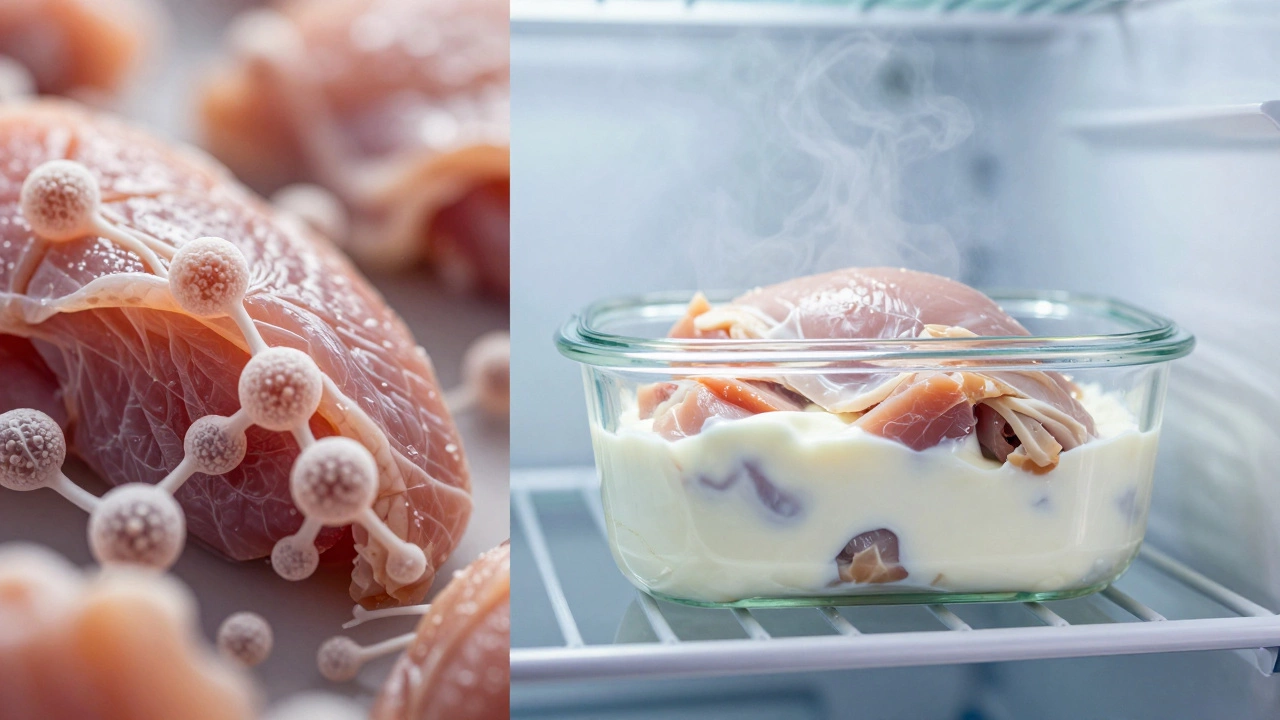 A sealed container of marinating chicken kept inside a cold refrigerator