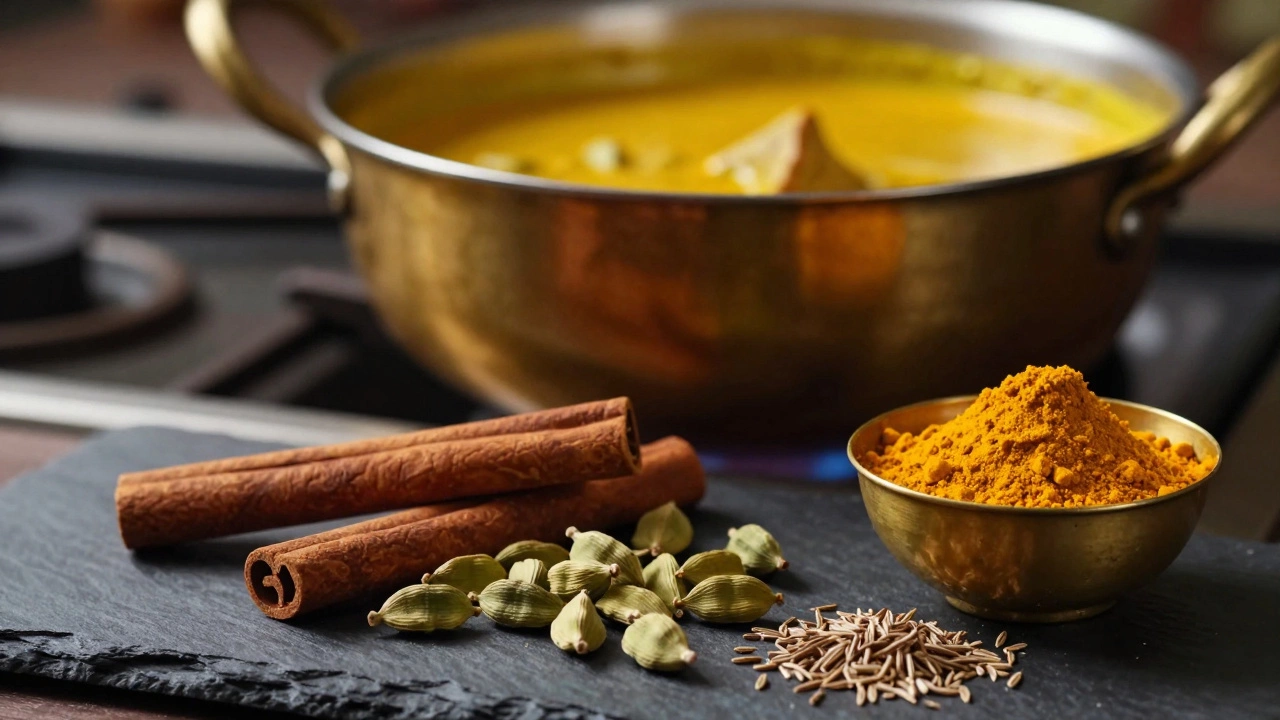 Cinematic arrangement of cinnamon, cardamom, and turmeric spices next to a simmering curry