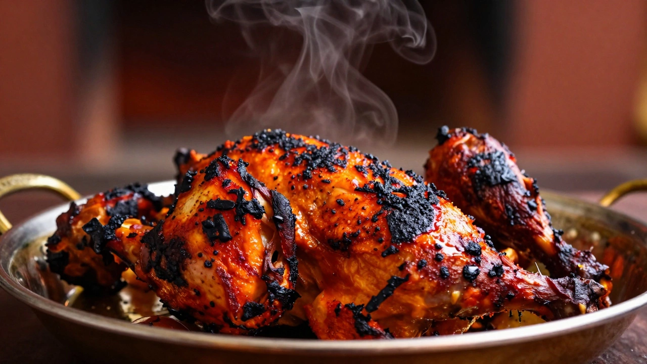 Perfectly charred Tandoori chicken with orange-red seasoning on a platter