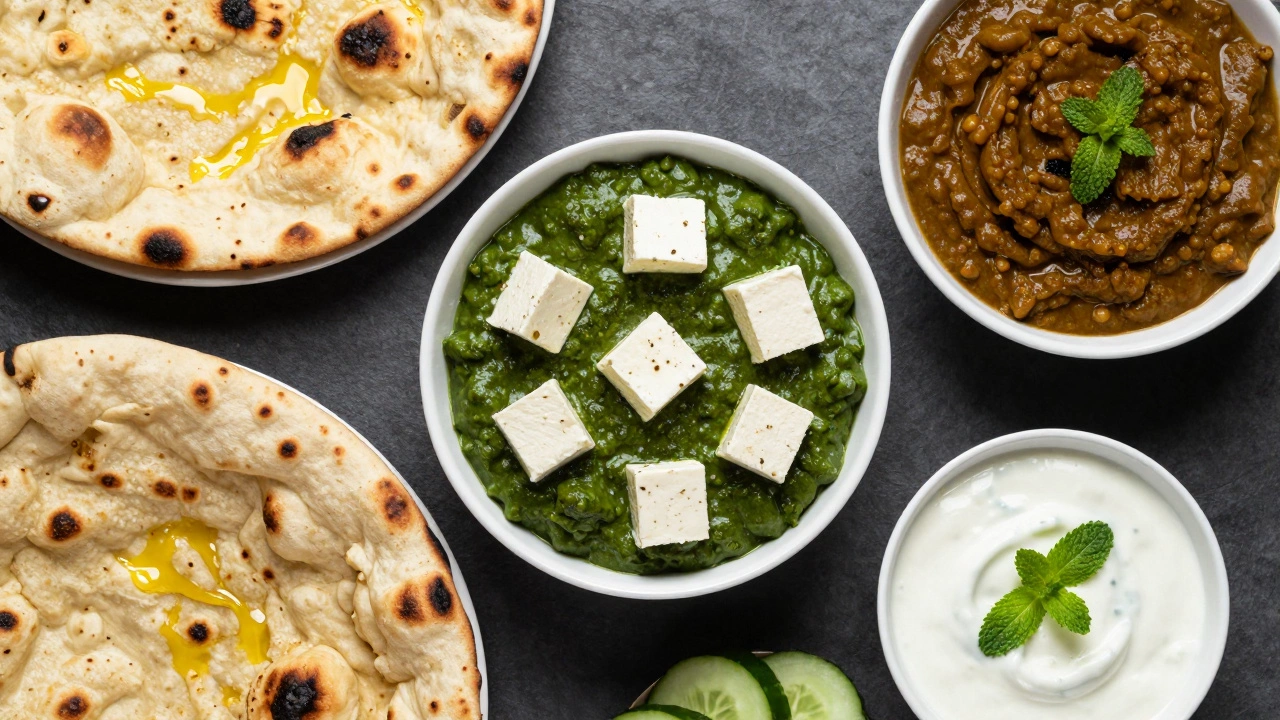 Top-down view of Saag Paneer, Dal Makhani, garlic naan, and cucumber raita