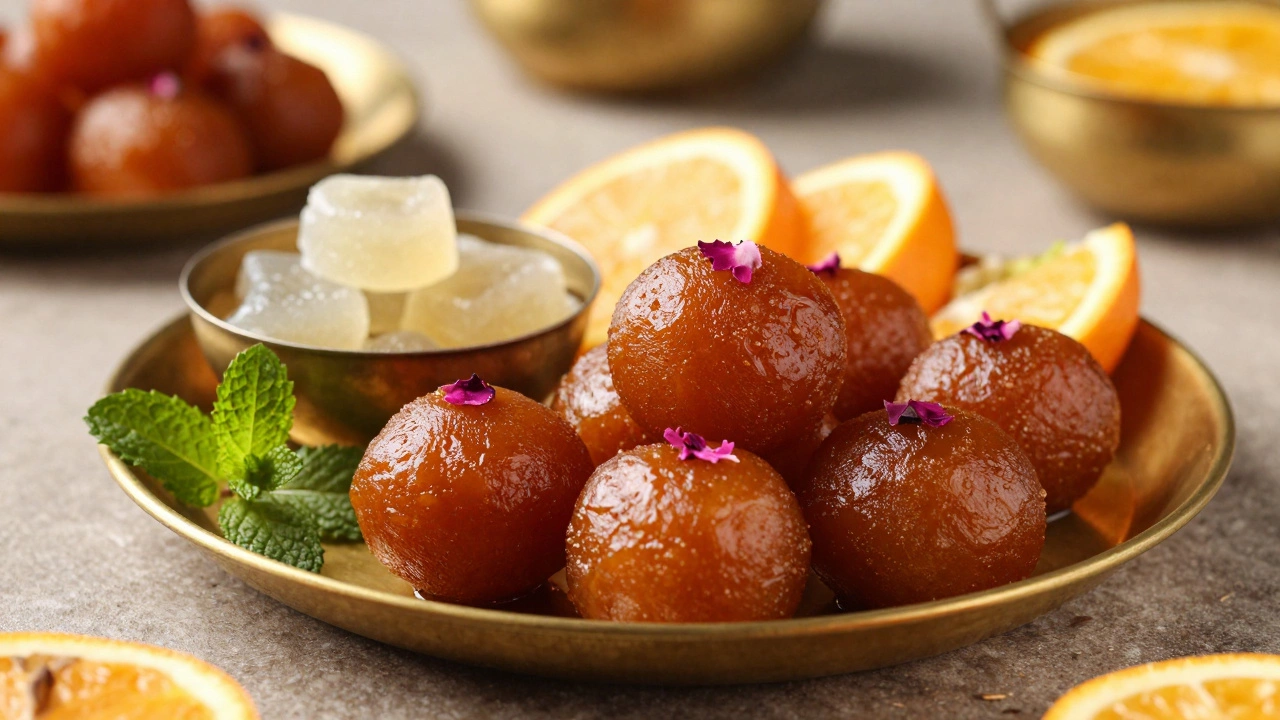 Traditional Indian sweets including Gulab Jamun and Barfi on a brass platter
