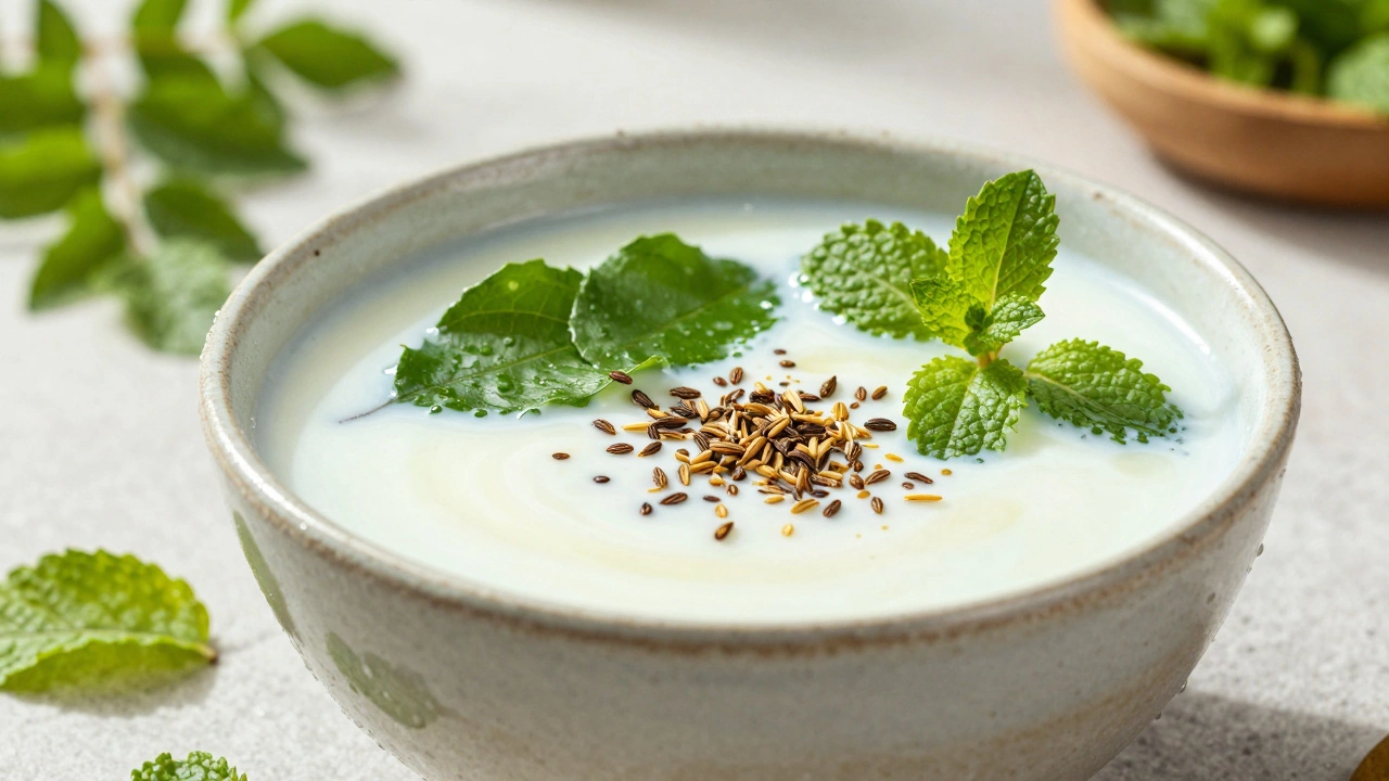 Bowl of chilled buttermilk garnished with curry leaves and cumin seeds in sunlight.