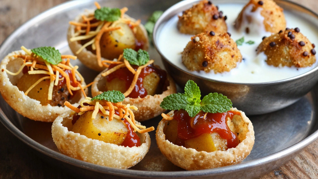 Close-up of pani puri, bhel puri, and dahi vada showing textures and vibrant spices.