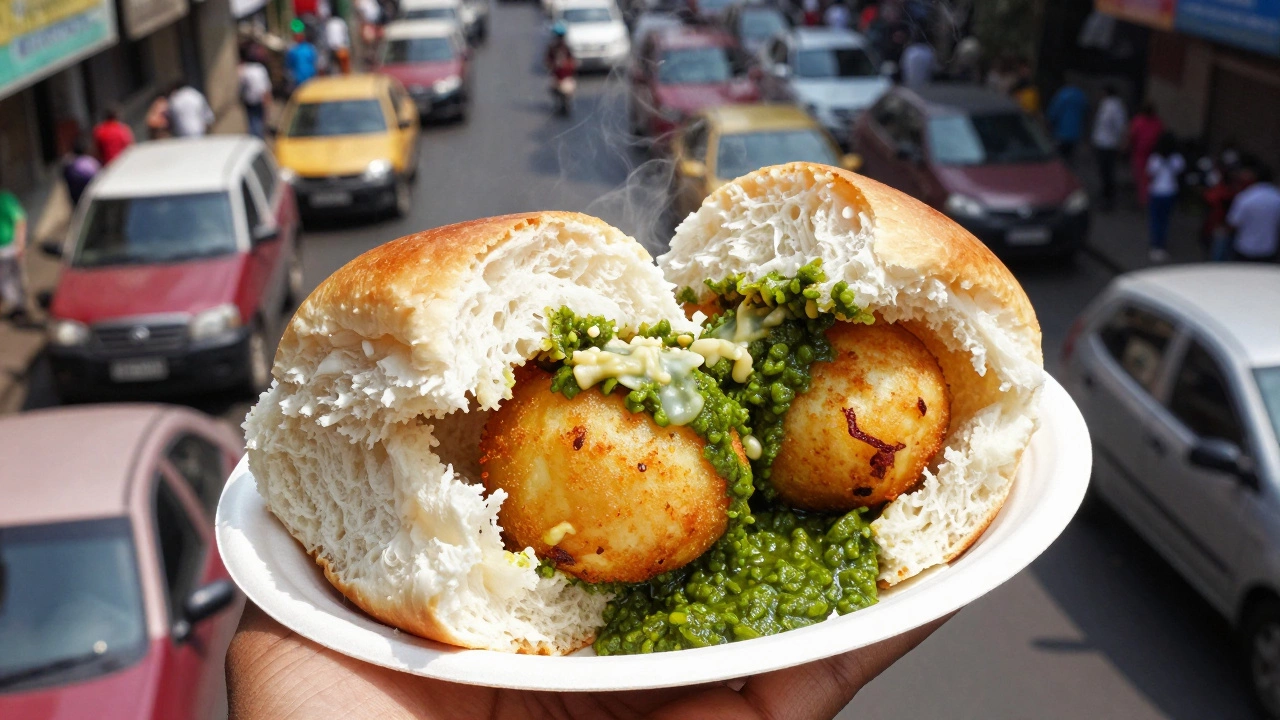 Hand holding a spicy vada pav sandwich in busy Mumbai streets