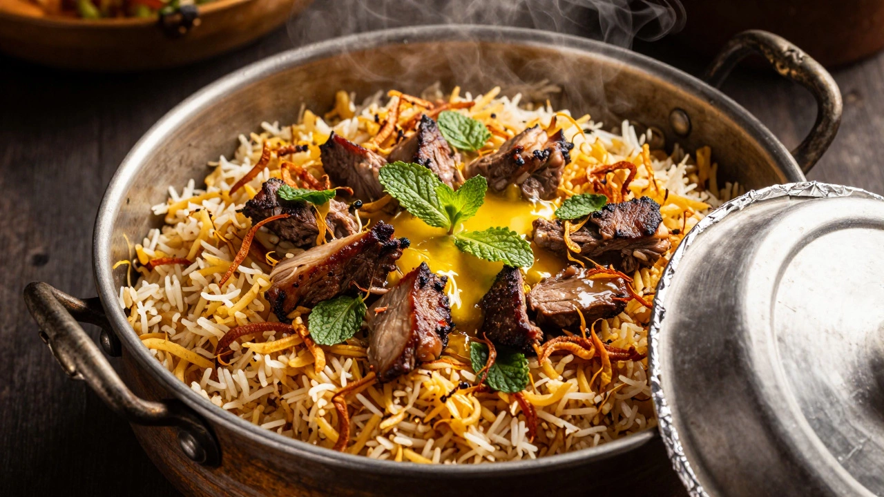Layered biryani in a pot with saffron, herbs, fried onions, and ghee.