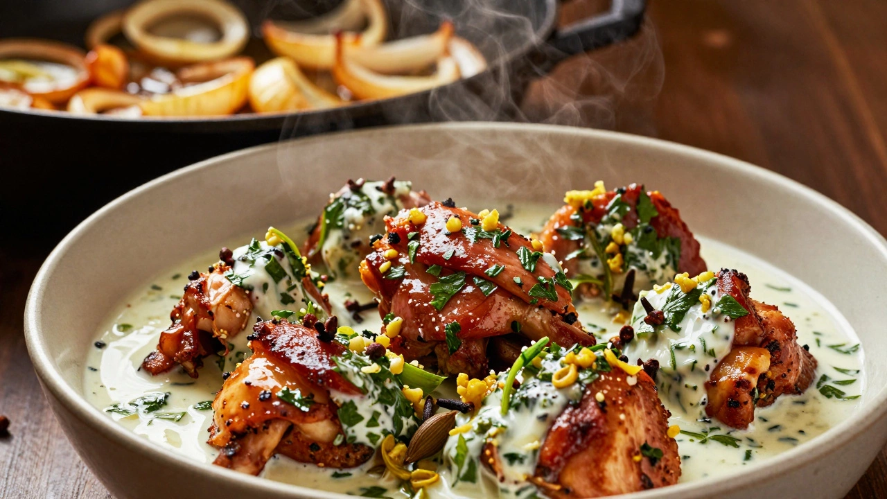 Marinated chicken with yogurt and spices next to frying golden onions.