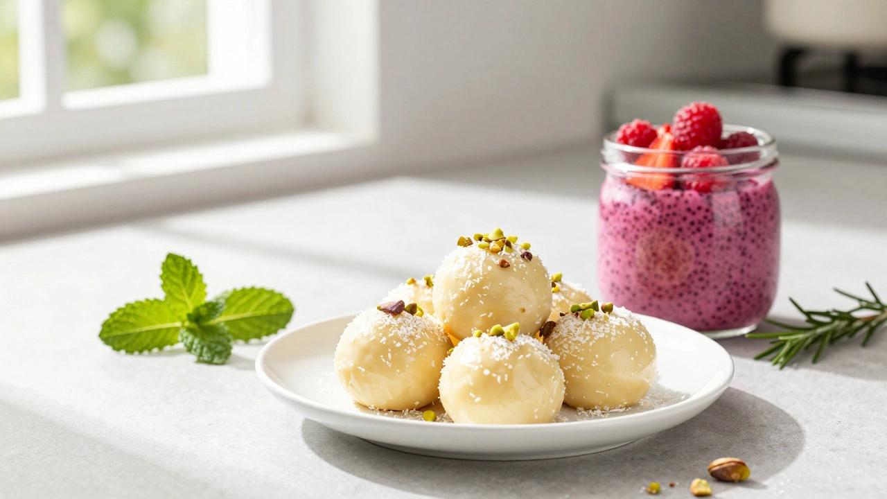 Paneer burfi balls and berry chia pudding on a bright kitchen counter