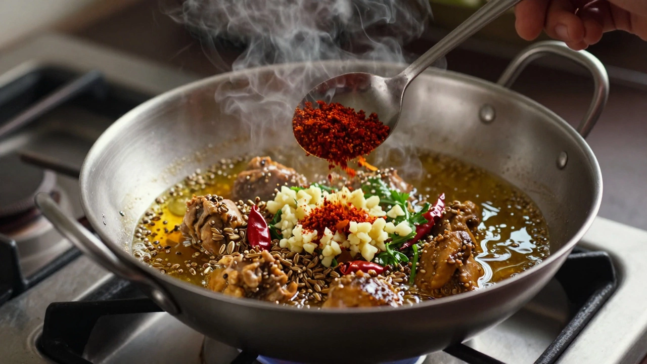 Spices sizzling in hot oil in a wok with steam rising