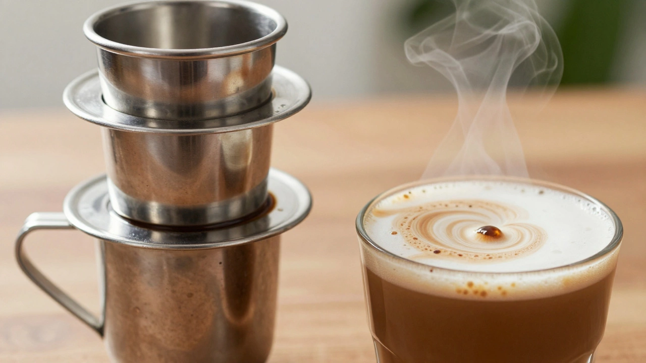 Stainless steel filter pouring frothy South Indian coffee into a glass tumbler.