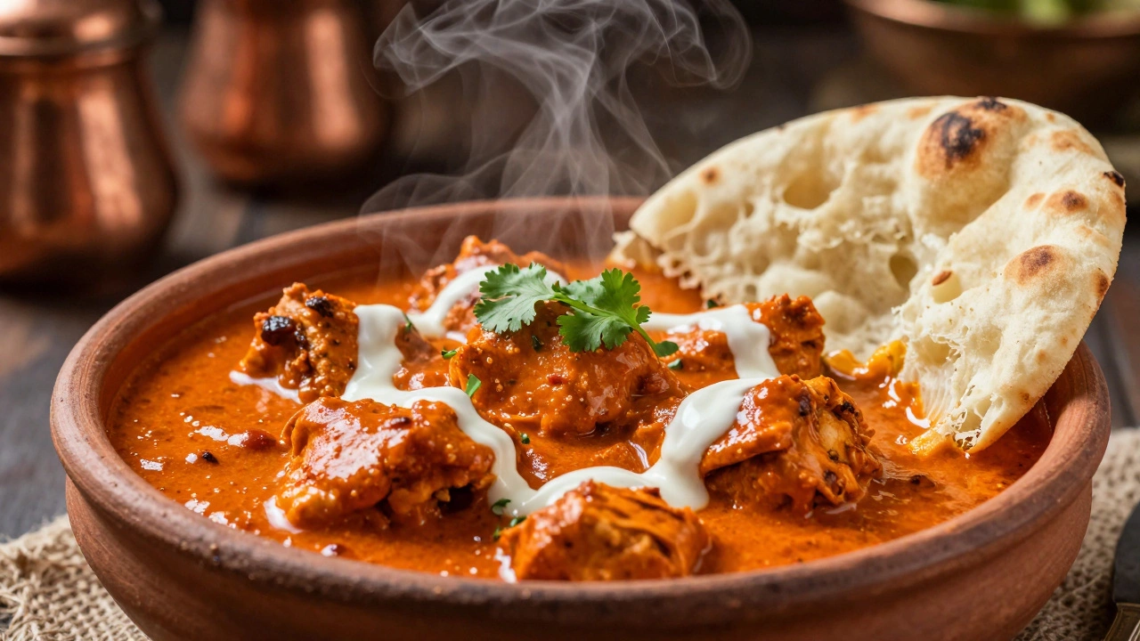 Steaming bowl of creamy Butter Chicken with naan bread
