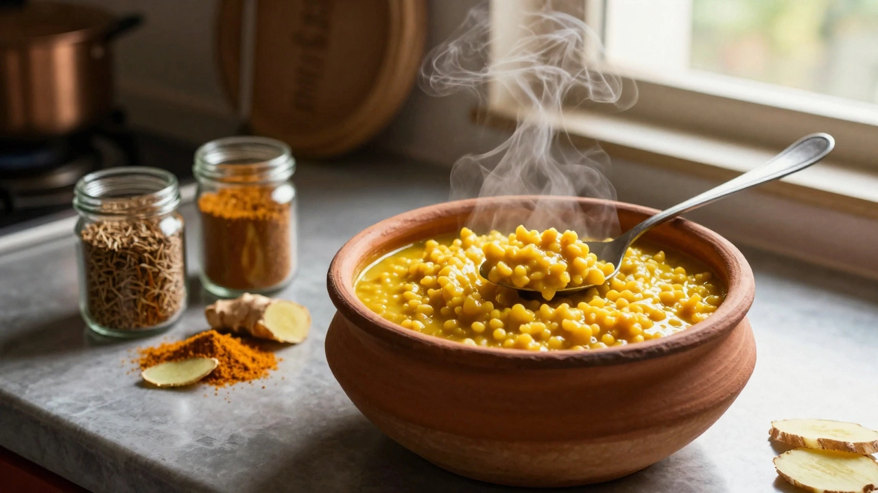 Steaming bowl of creamy Moong Dal Khichdi with digestive spices nearby
