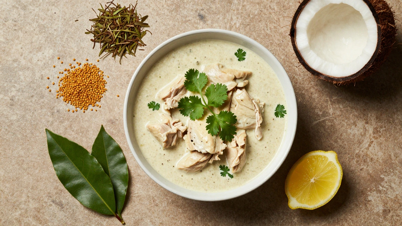 Steaming chicken curry garnished with herbs and lemon