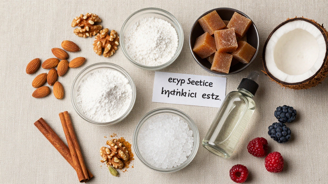 Stevia, erythritol, and nuts arranged for low-sugar Indian sweets