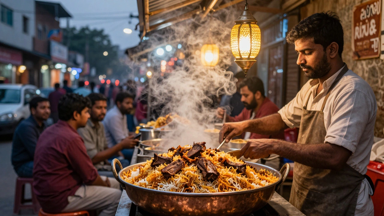 Street vendor serving spicy biryani from a copper pot at night