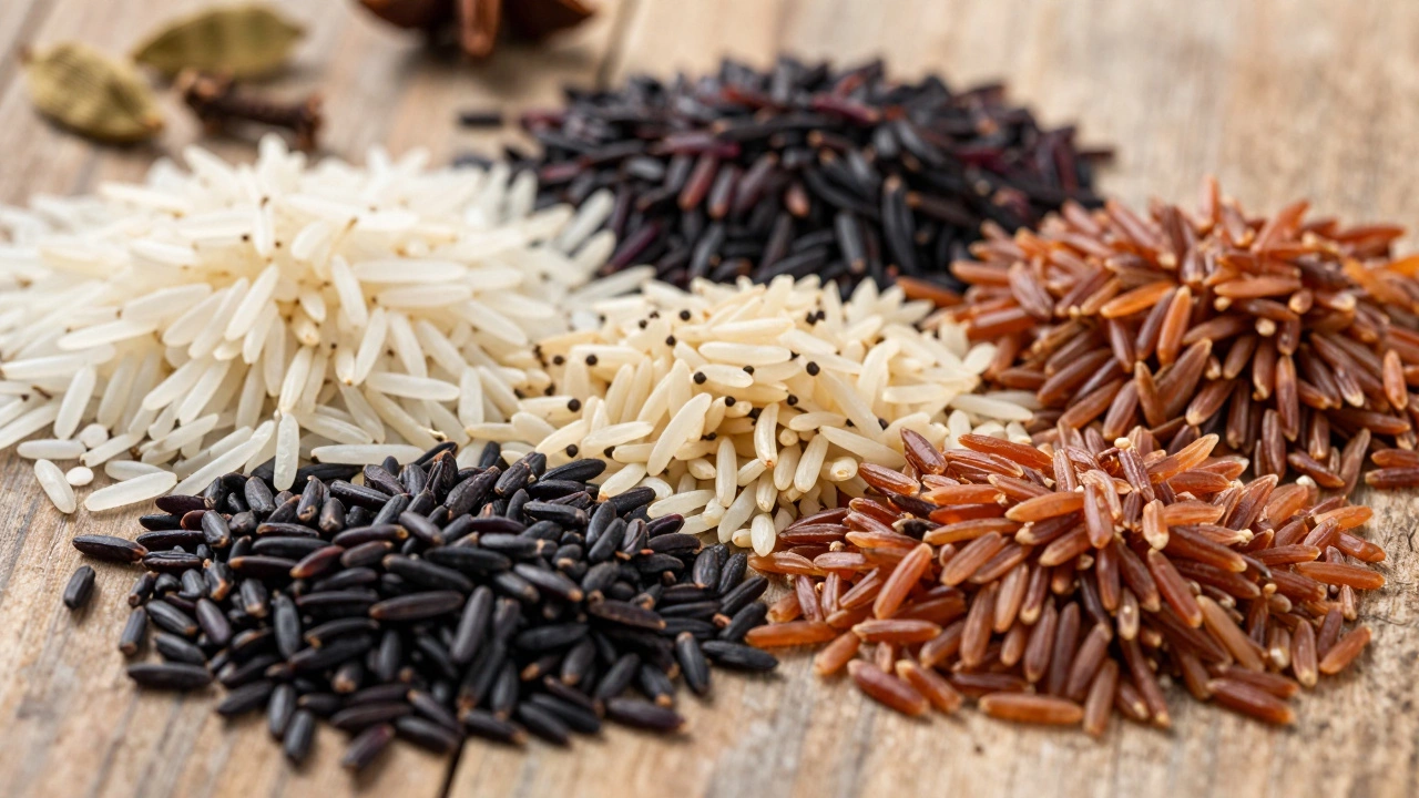 Varieties of Indian rice including black, red, and basmati on wood