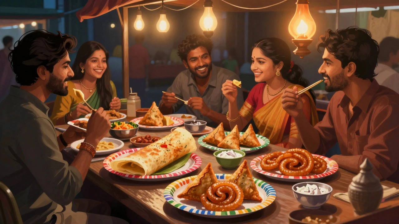 Variety of Indian street foods like samosa and jalebi at a night market