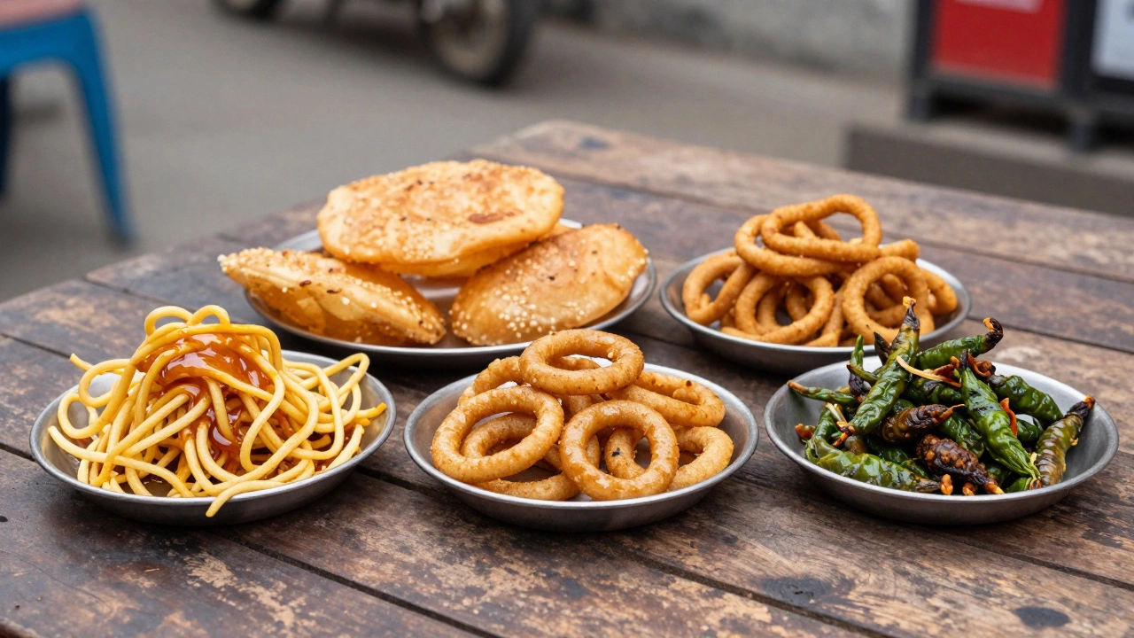 Variety of regional Indian street foods like fafda, phuchka, and murukku on a table.