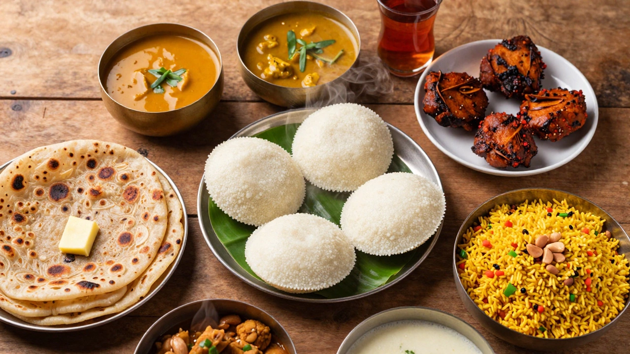 Variety of traditional Indian breakfast dishes like idli, paratha, and poha