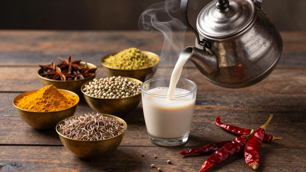 Brass bowls of colorful spices and steaming chai on a table