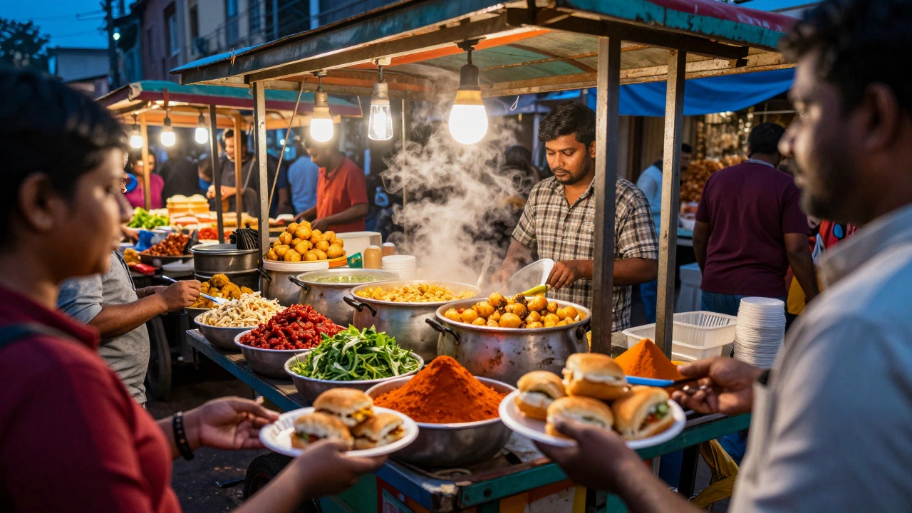 Bustling street food vendor selling chaat and vada pav at dusk
