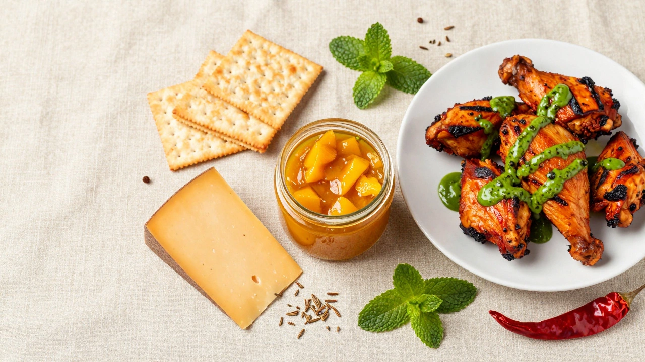 Cheese board with mango chutney and grilled chicken