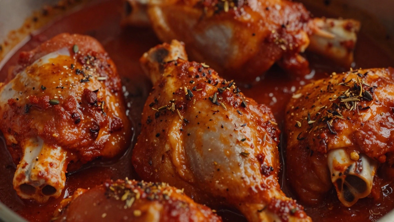 Chicken thighs coated in thick red tandoori marinade