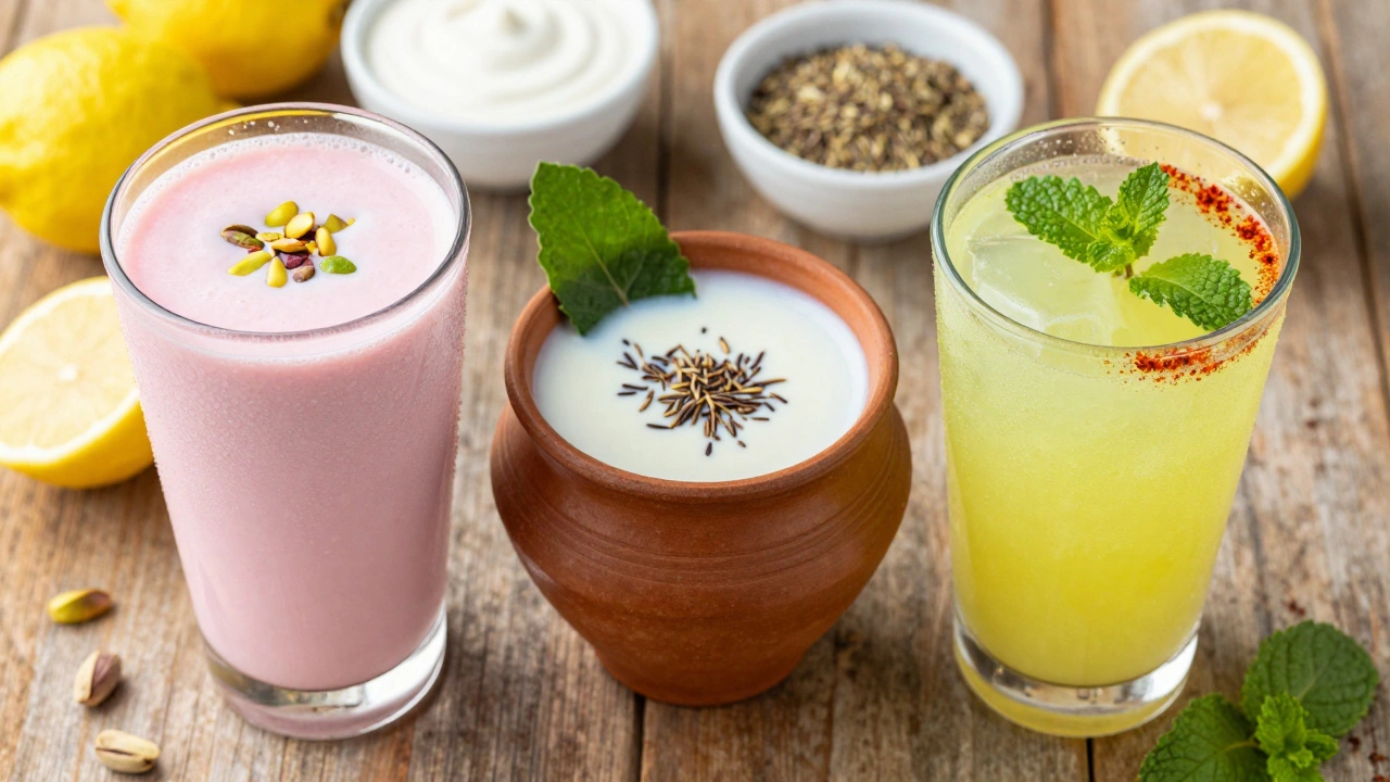 Close-up of lassi, chaas, and nimbu pani arranged with fresh spices