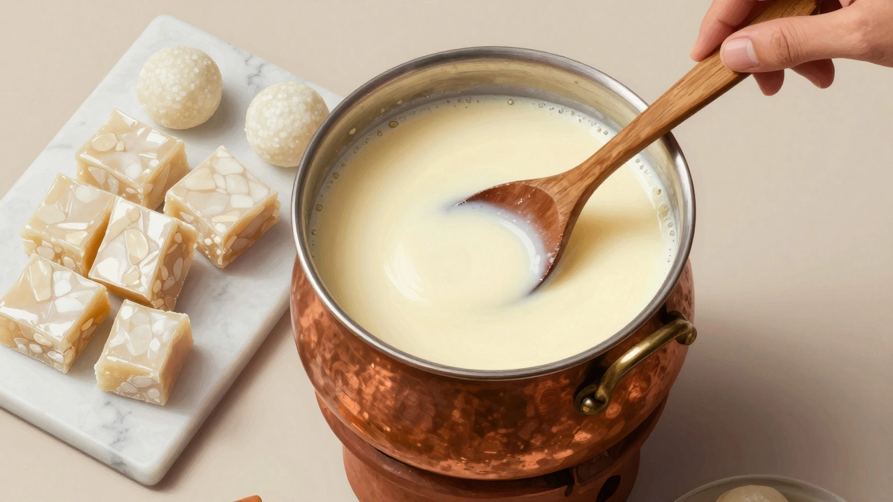 Copper pot simmering khoya with finished Kaju Katli and Rasmalai on a marble slab.