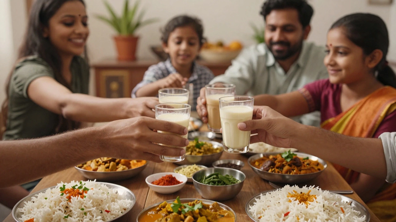 Family sharing traditional Indian drinks during a communal meal