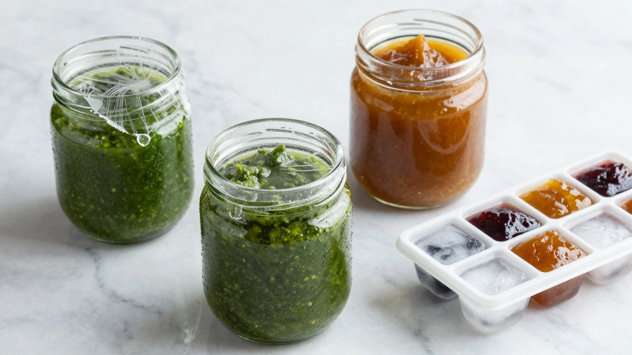 Glass jars of preserved chutney and frozen cubes