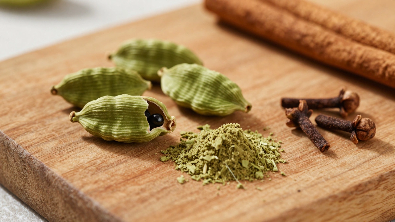 Green cardamom pods, one cracked and one powdered, on wood