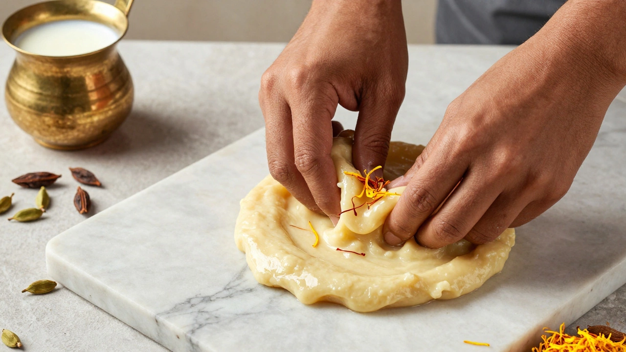 Hands kneading creamy khoya for peda with saffron and cardamom