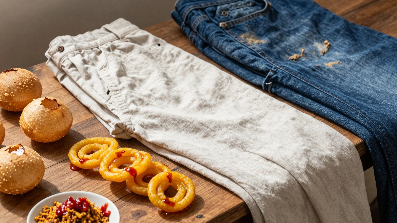 Indian street food spread next to breathable linen clothes and stained denim